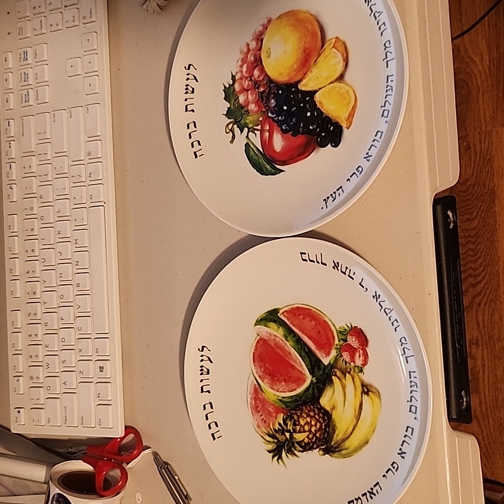 Set of 2 porcelain Jewish make a blessing  plates for eating fruit of the trees